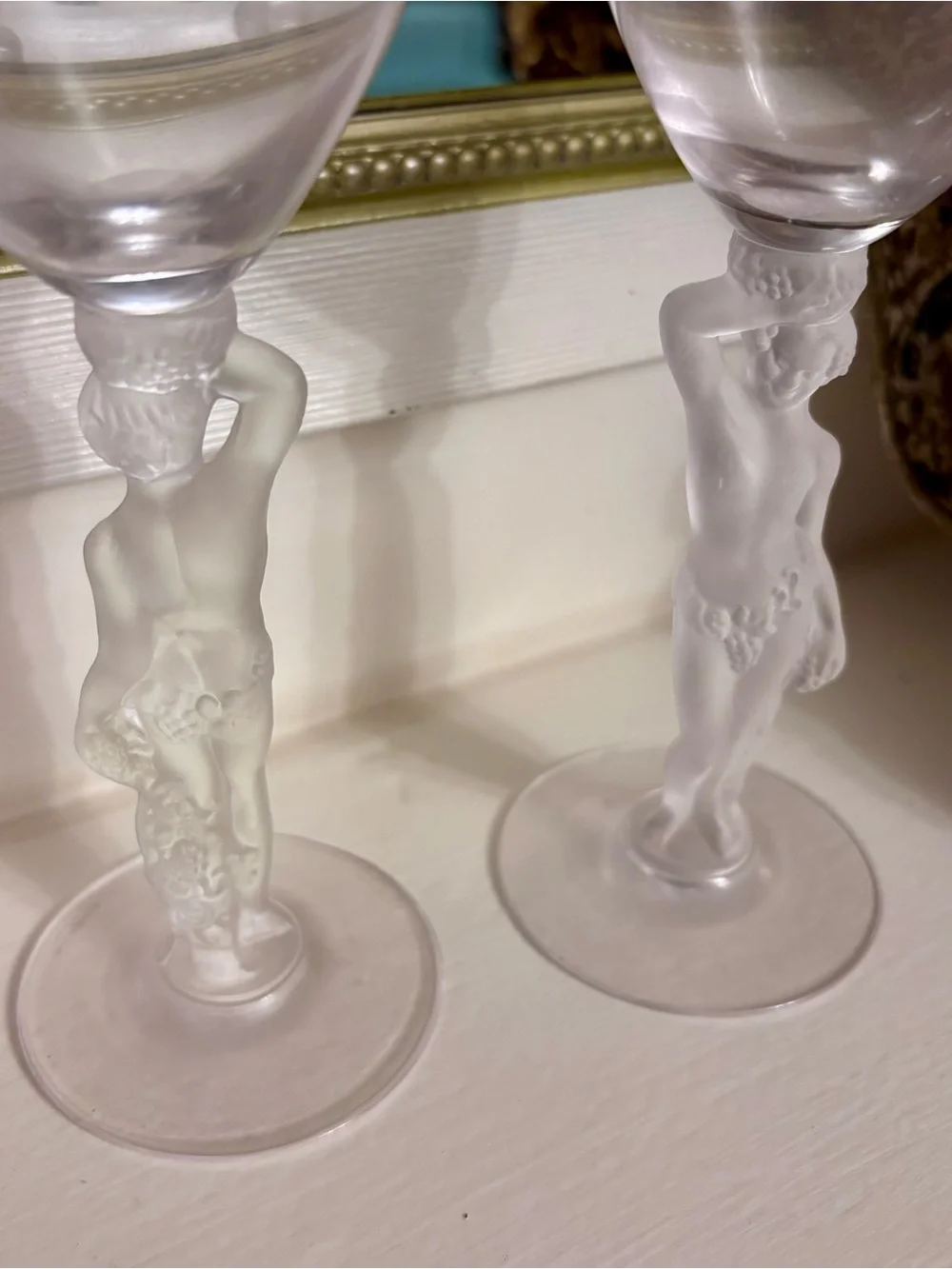 Vintage Bayel French Crystal Wine Glasses Frosted Nude Bacchus Bacchante Set 2